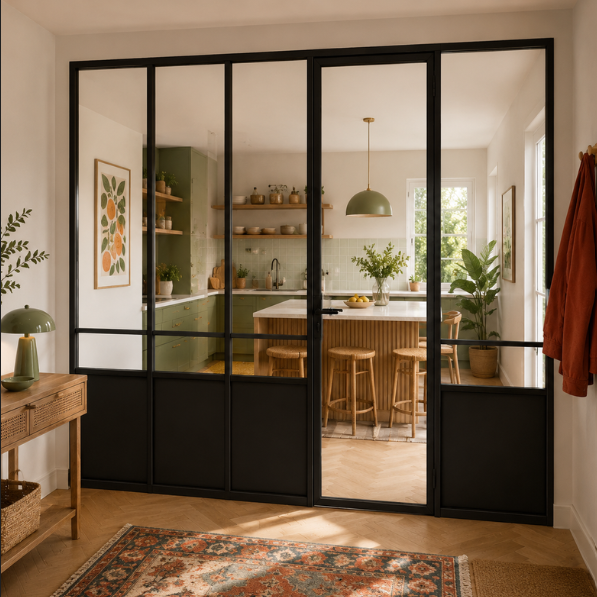 Verrière acier avec porte intégrée Verrière acier avec porte intégrée